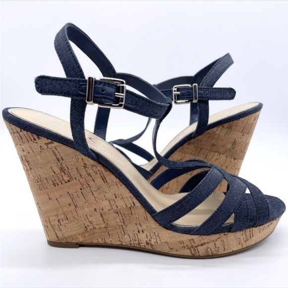 Jessica Simpson Cork Denim Wedge Heel Sandals Shoes size 9 - Picture 1 of 10